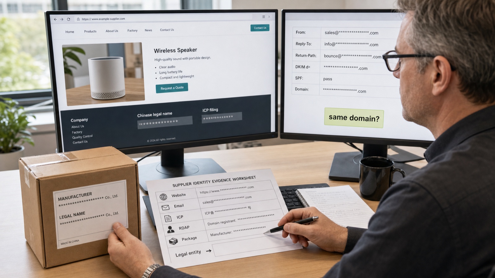 Investigator comparing a fictional supplier website footer, email authentication fields, ICP and RDAP clues, and a manufacturer label on product packaging