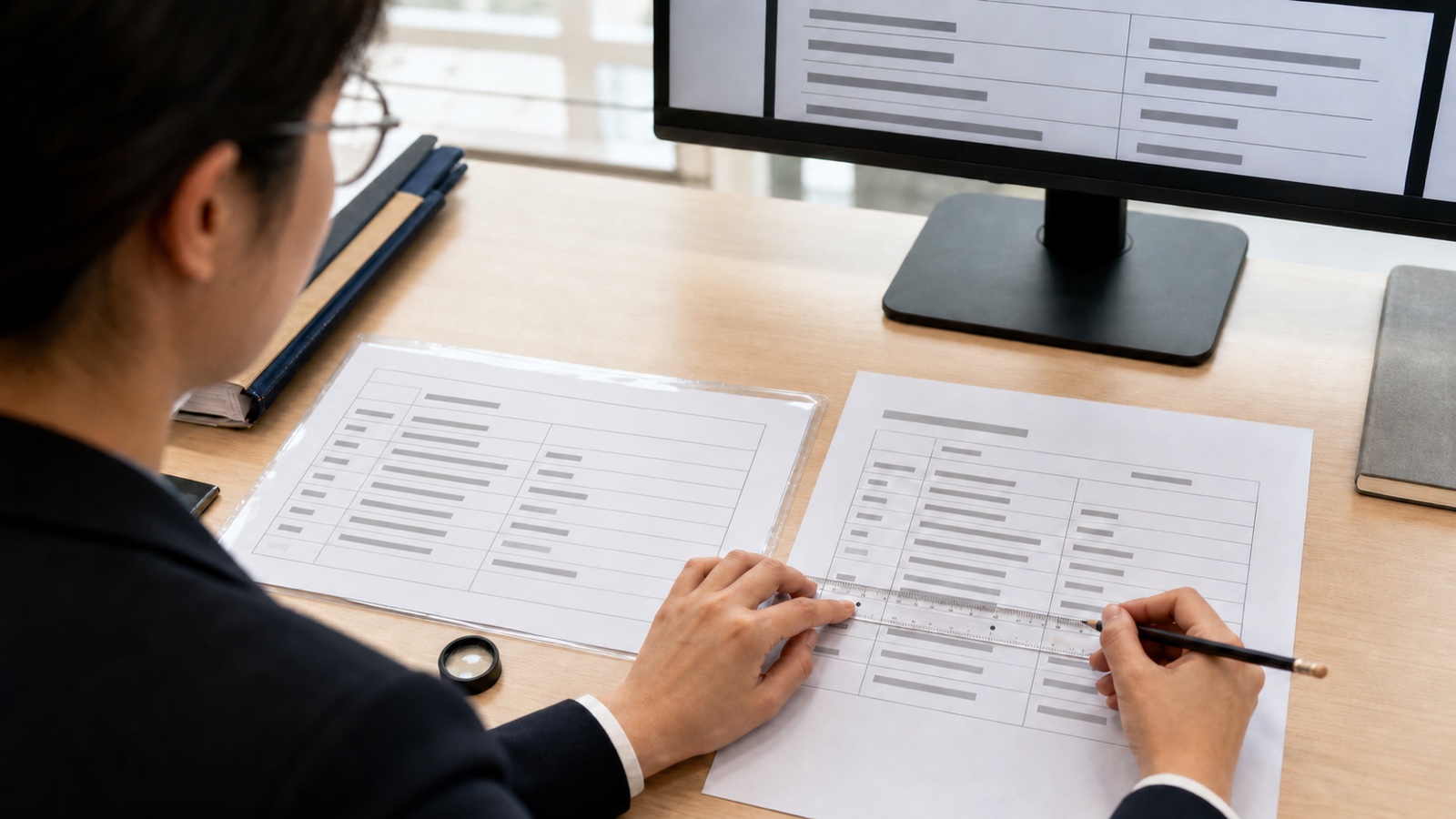 Compliance analyst comparing a redacted supplier licence copy with a current company record on a bright office desk