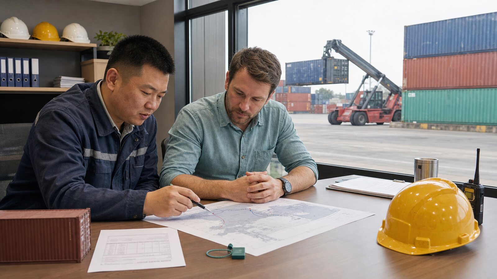 Importer and logistics manager reviewing an Incoterms route plan in a container terminal office