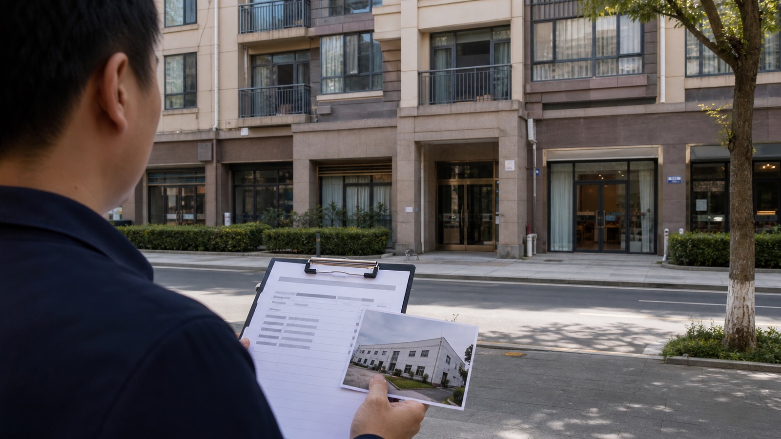 Investigator outside a mixed-use residential building comparing a redacted company address record with a separate factory photograph