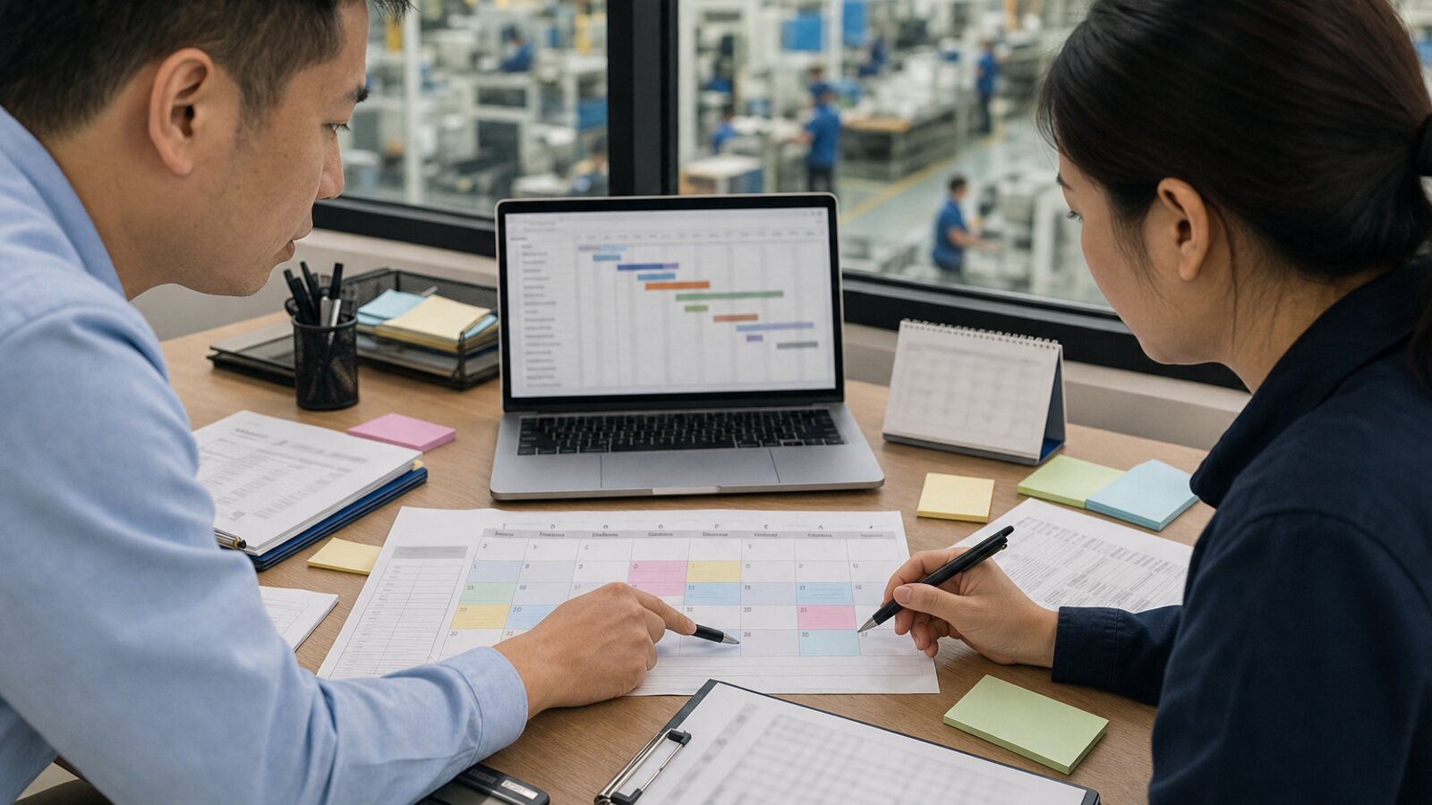 Factory planning staff reviewing a 2026 calendar and production schedule beside an operating assembly floor