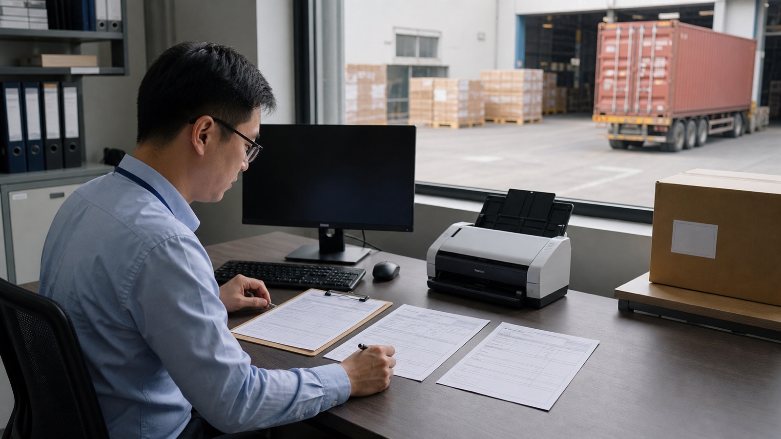 Examinateur de conformité commerciale comparant un certificat d'origine avec des documents d'expédition