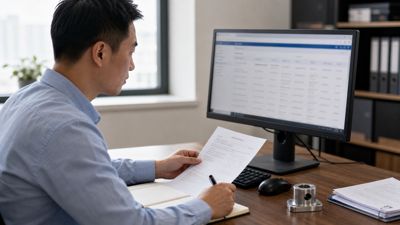 Procurement compliance analyst reviewing a Chinese supplier penalty record beside a metal product sample