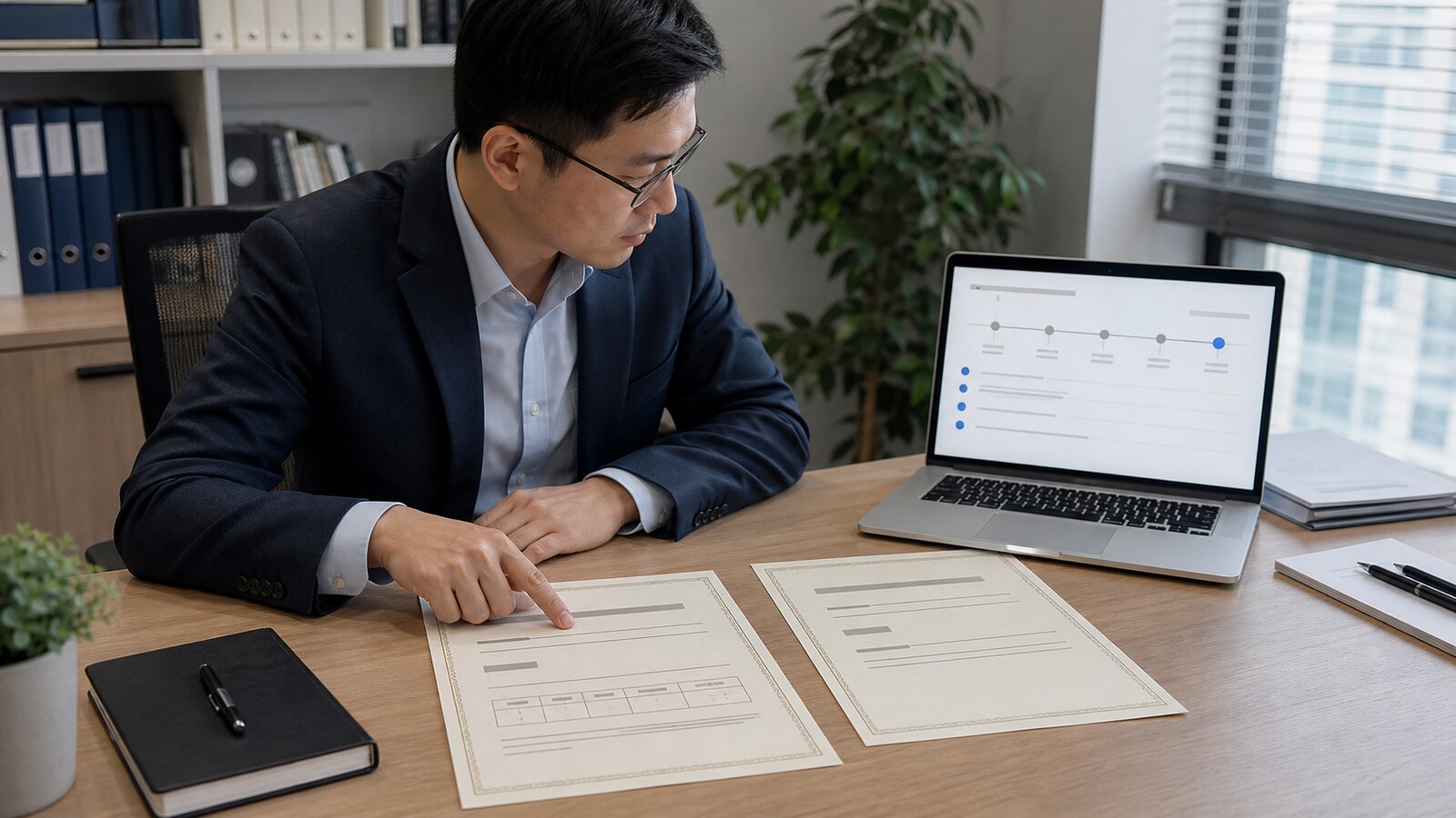 Compliance-Analyst vergleicht alte und neue Layouts chinesischer Gewerbelizenzen mit einem aktuellen Zeitplan der Unternehmensregistrierung
