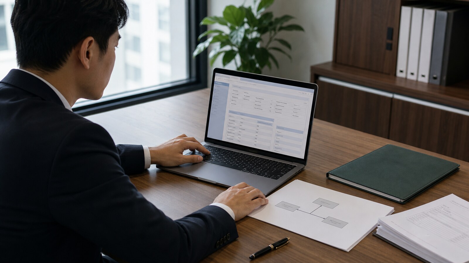 Analis kepatuhan meninjau catatan gadai ekuitas perusahaan Tiongkok dan diagram kepemilikan tiga pihak di meja kantor