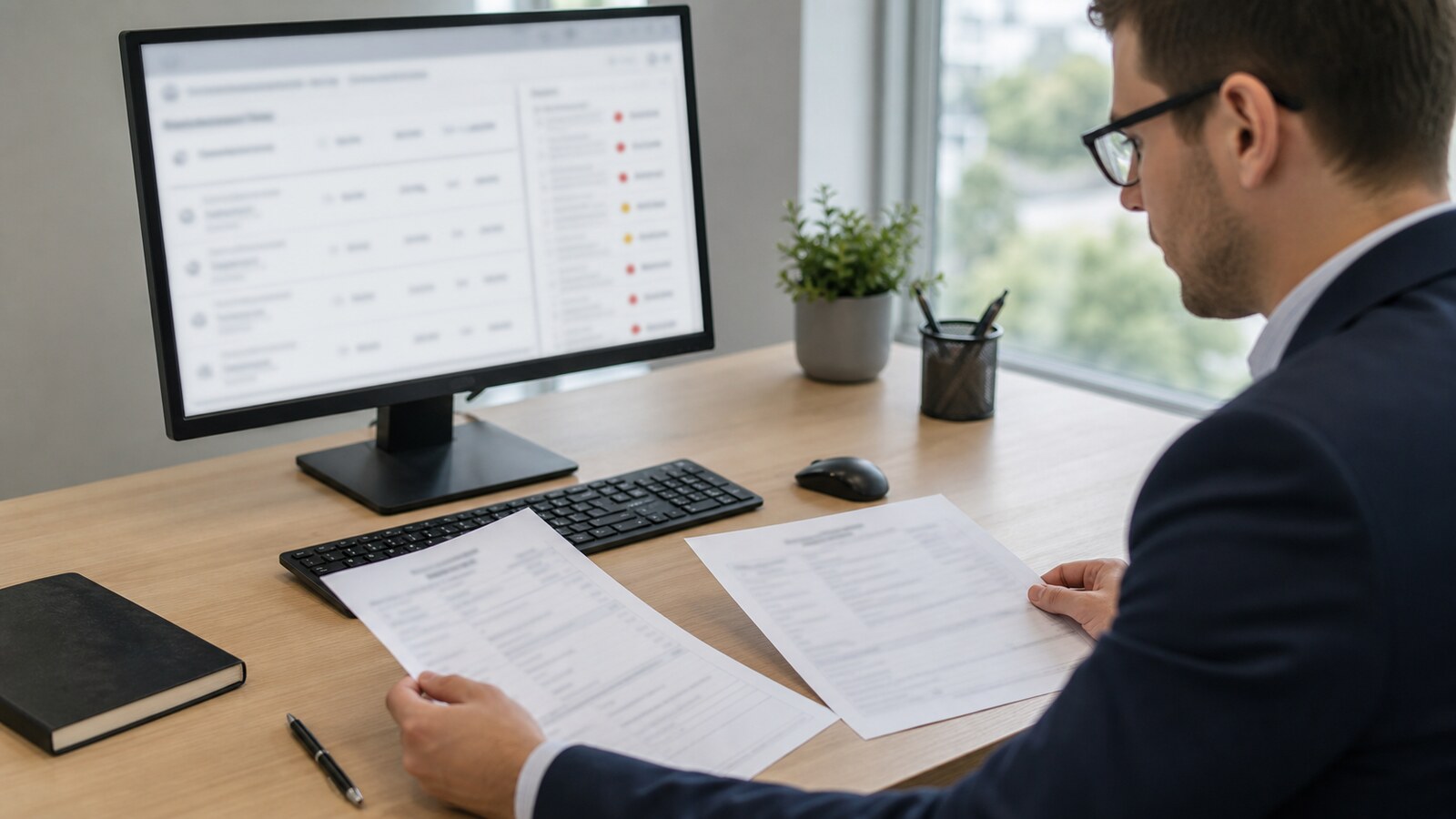 オフィスデスクで中国の企業登記簿および裁判所執行記録を比較する調達コンプライアンスアナリスト