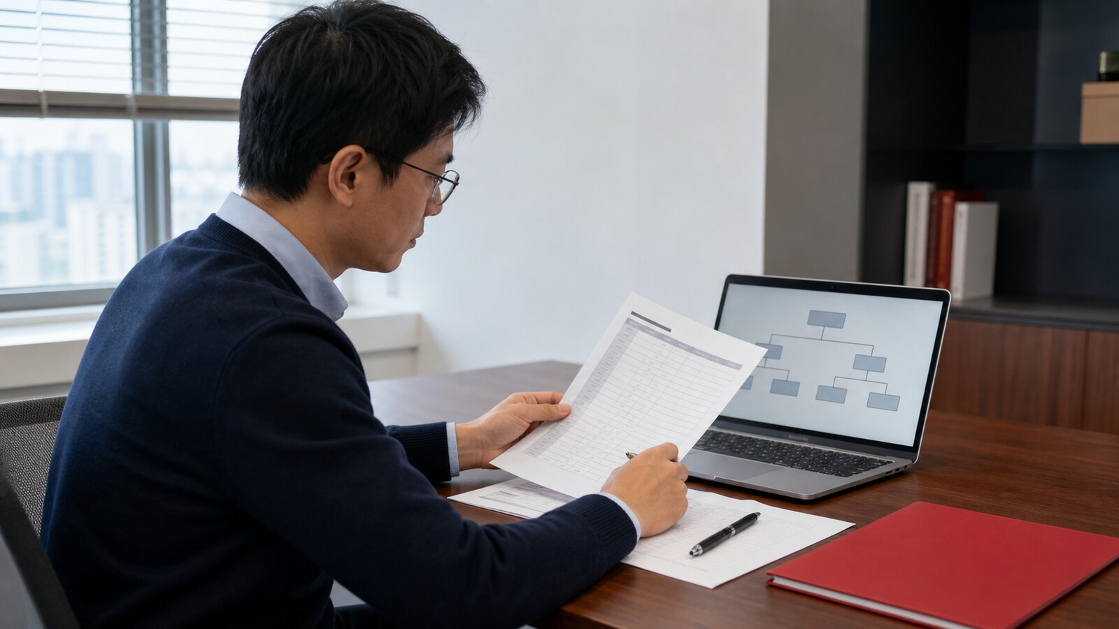 Analista de conformidade comparando o registro de acionistas de uma empresa chinesa com uma árvore de propriedade corporativa em um laptop